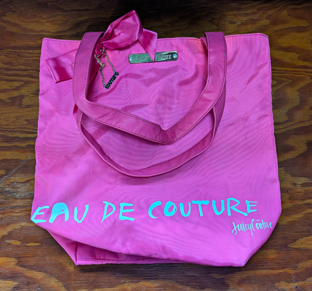 Juicy Couture Pink Eau De Couture Tote Bow Charm Snap Closure Gold Hardware